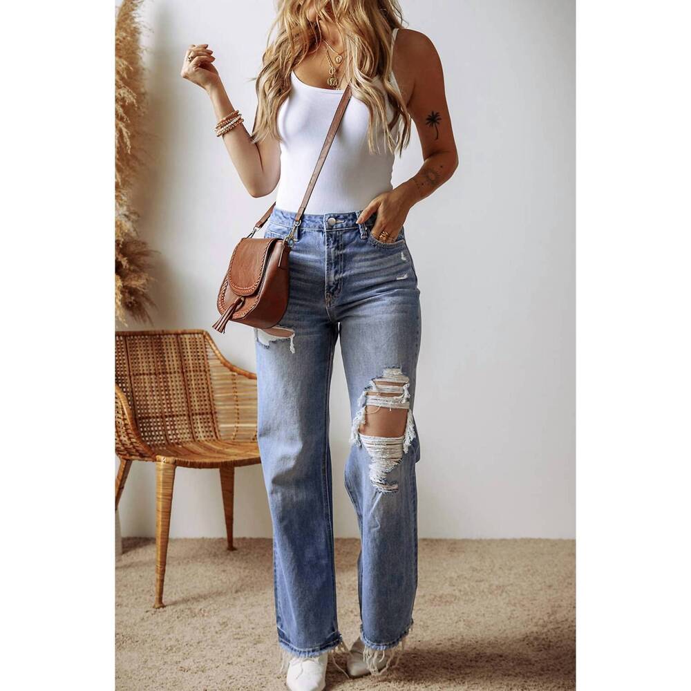 NEW 1 THE WOMAN distressed raw hem straight leg high waist jeans in ashleigh blu